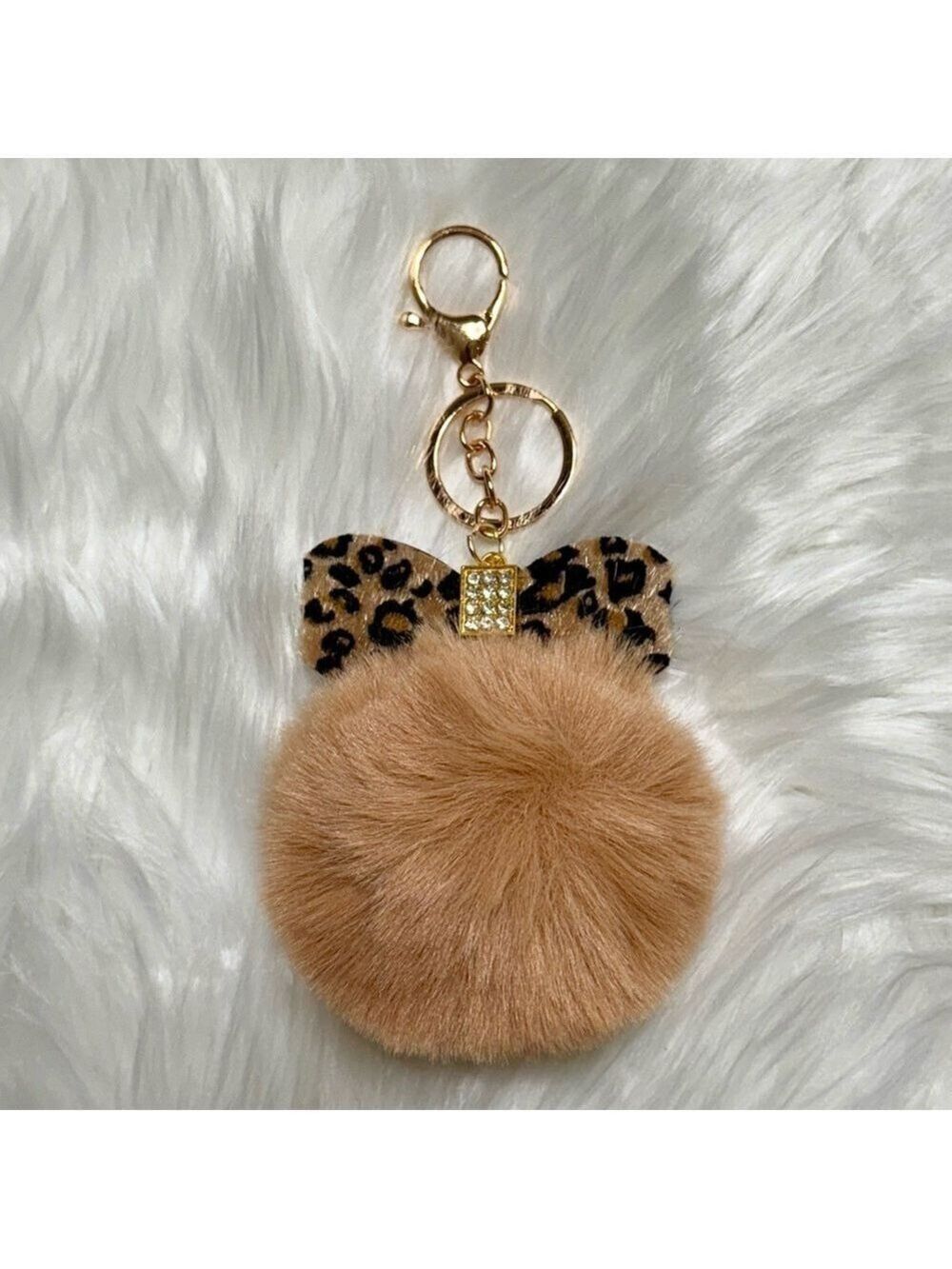 Leopard Print Bow With Rhinestones Pom Pom Bag Charm Keychain Tan Gold New